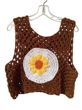 Vintage Hand Crocheted Tank Top Brown Size M/L Doilie Sunflower Festival Boho